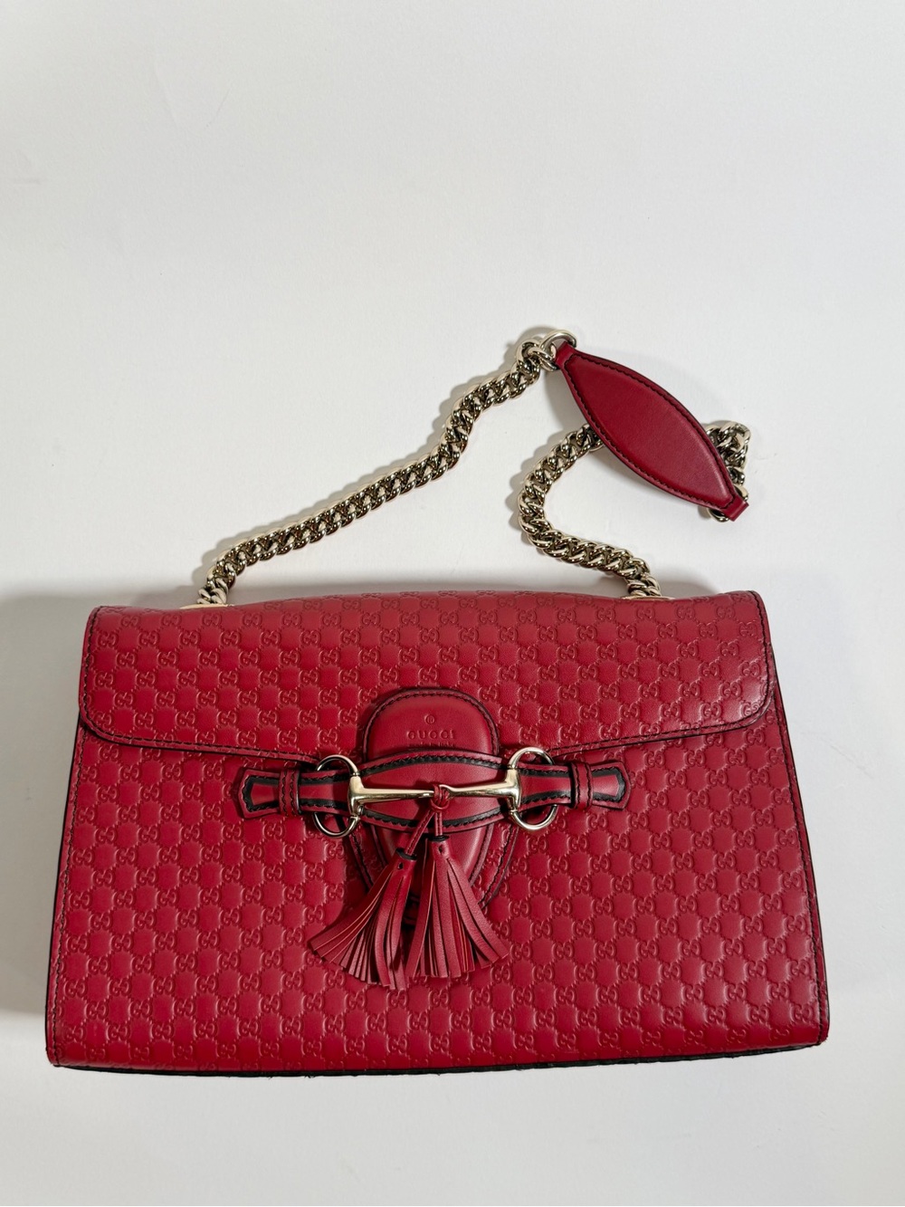 Gucci Red Embossed Leather Tassel Shoulder Bag with Gold Chain